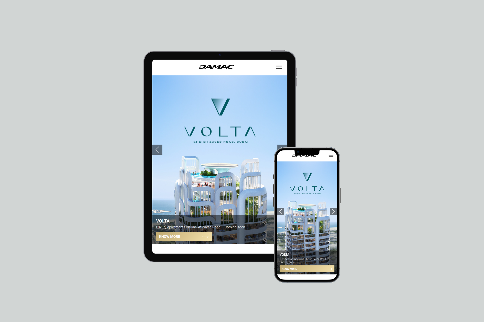 Damac Properties Webpage optimised for Tablet and Mobile View