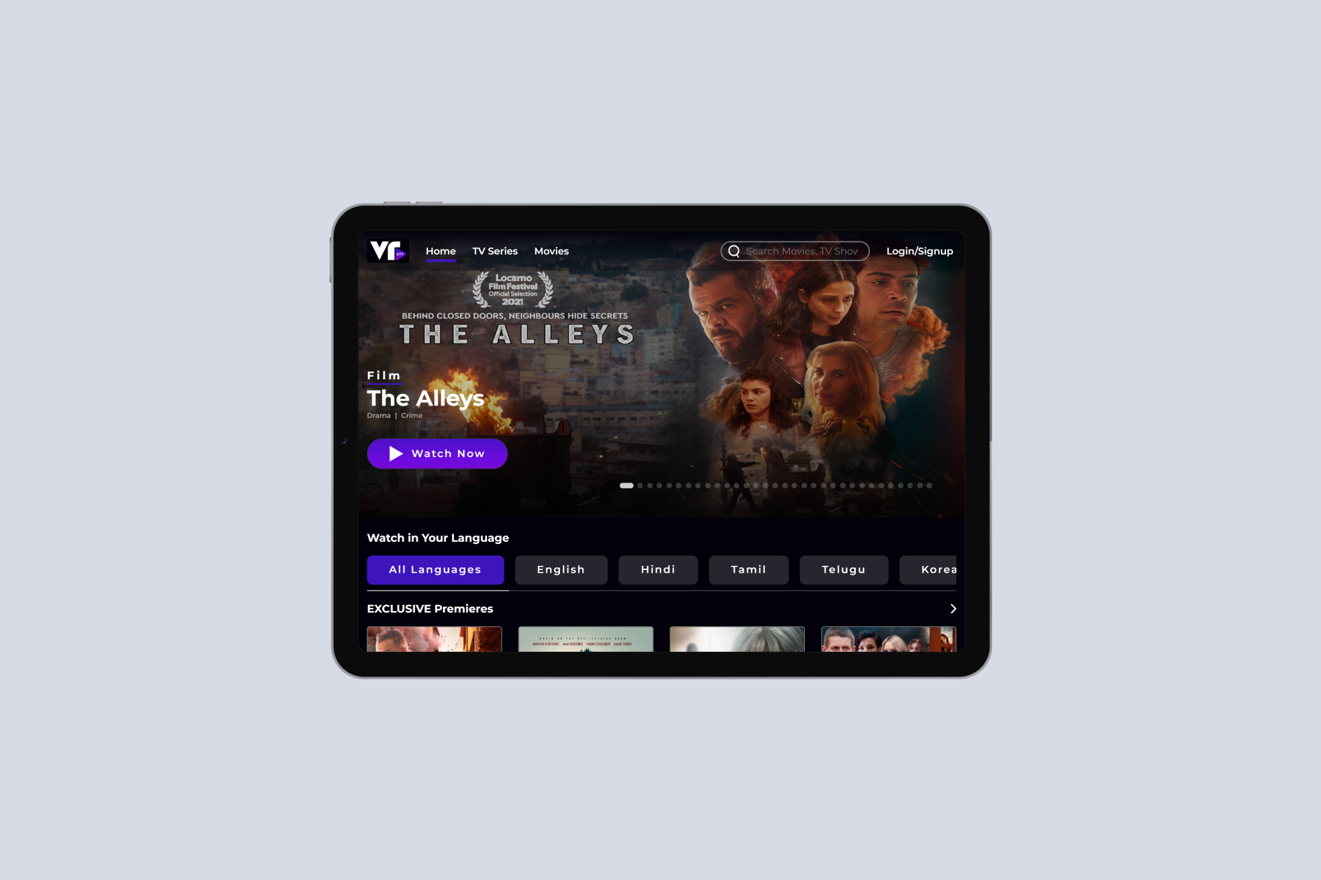VR OTT Webpage optimised for Landscape Tablet View