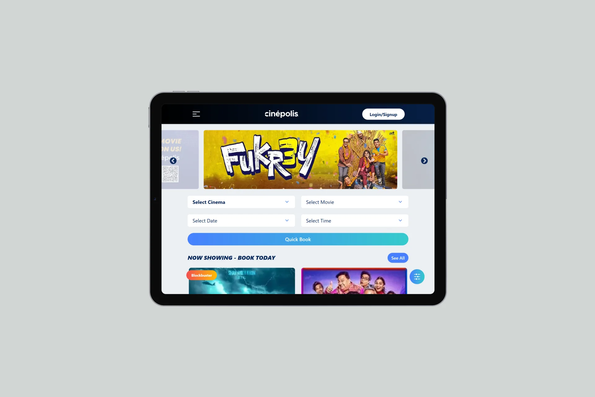 Cinepolis India Webpage optimised for Landscape Tablet View